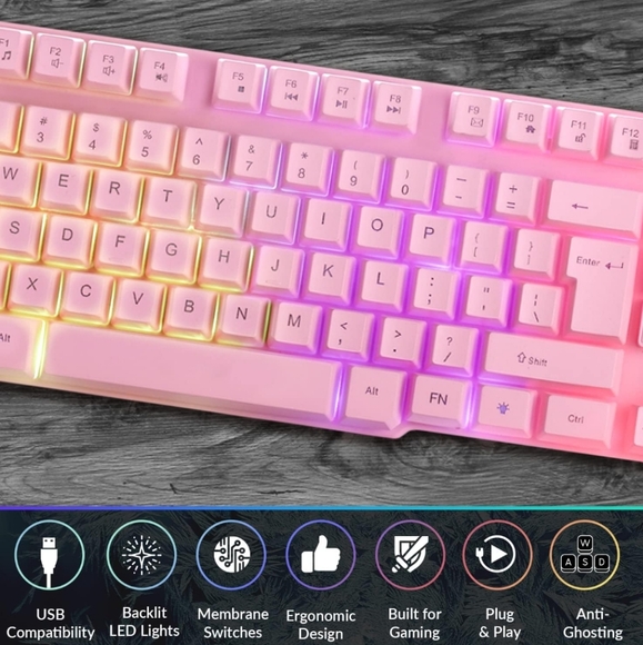 Orzly Pink Gaming Keyboard RGB USB Wired Rainbow Keyboard - Picture 3 of 7